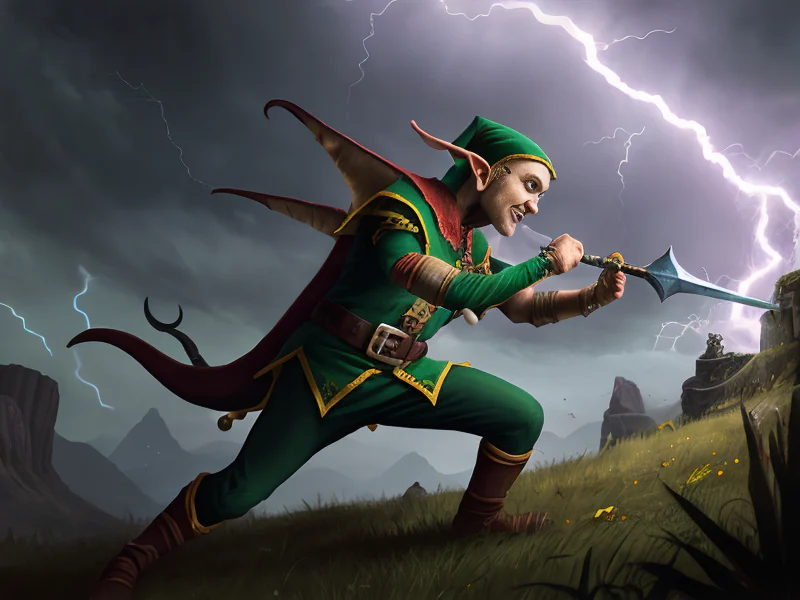 Mischievous (Elf:1.35), Illusionist, Catching a bolt of lightning on a raised weapon, low angle shot