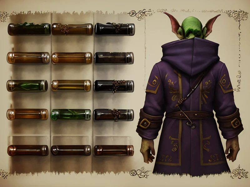 Calculated (Goblin:1.35), Assassin, A coat lined with rows of hidden potion vials, three-quarter view
