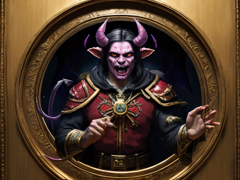 Unforgiving (Demon:1.35), Summoner, A mantle pinned with dozens of campaign medals, three-quarter view