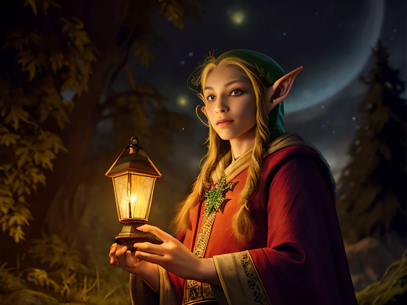 Eccentric (Elf:1.35), Monk, Holding a lantern of captured starlight, dynamic angle