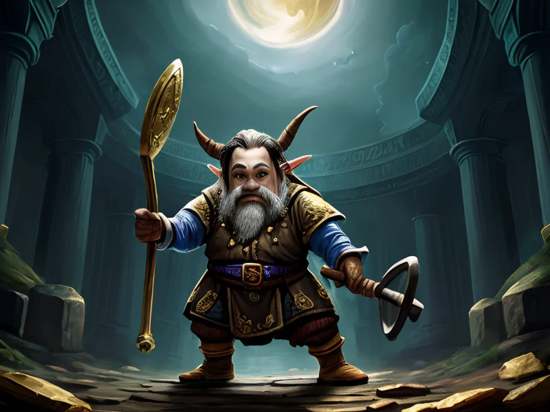 Duskwoven (Dwarf:1.35), Battlemage, Skin resembling polished marble veined with gold, dynamic angle