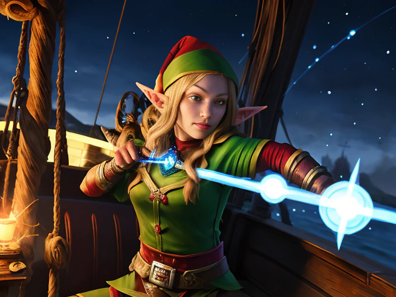 Cold-hearted (Elf:1.35), Oracle, Aboard a pirate ship, holding a glowing compass, medium close-up