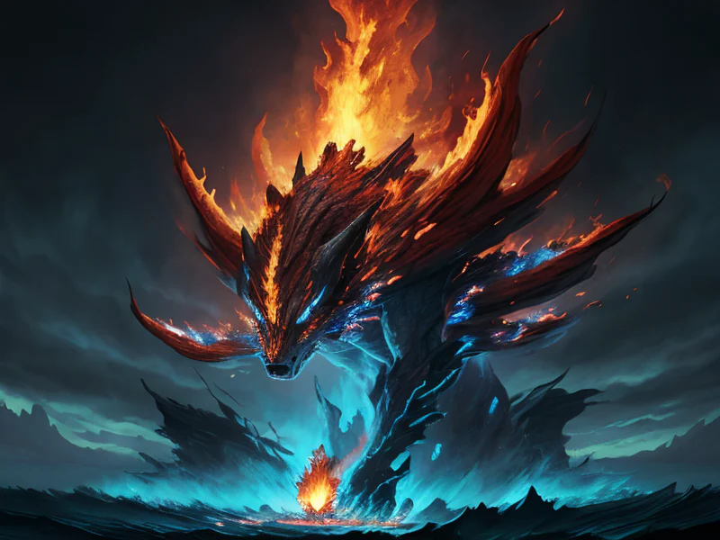 Dream-walking (Fire Elemental:1.35), living blaze body, molten cracks, ember core, smoke wisps, Atop a spiral tower above stormy seas, dynamic angle