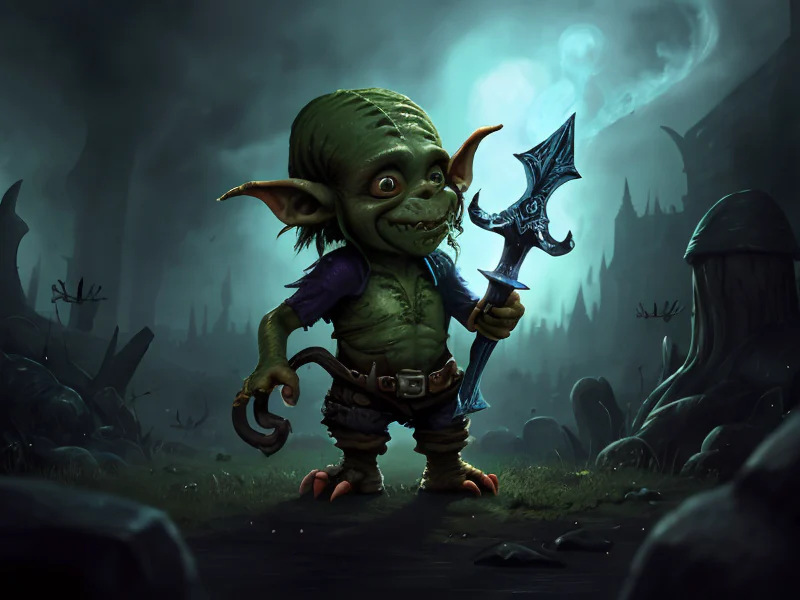 Nimble (Goblin:1.35), Warlock, Cursed sword emitting black smoke, three-quarter view
