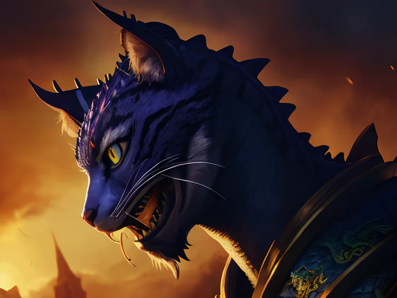 Nimble (Wildcat:1.35), Armor adorned with dragon skulls, low angle shot