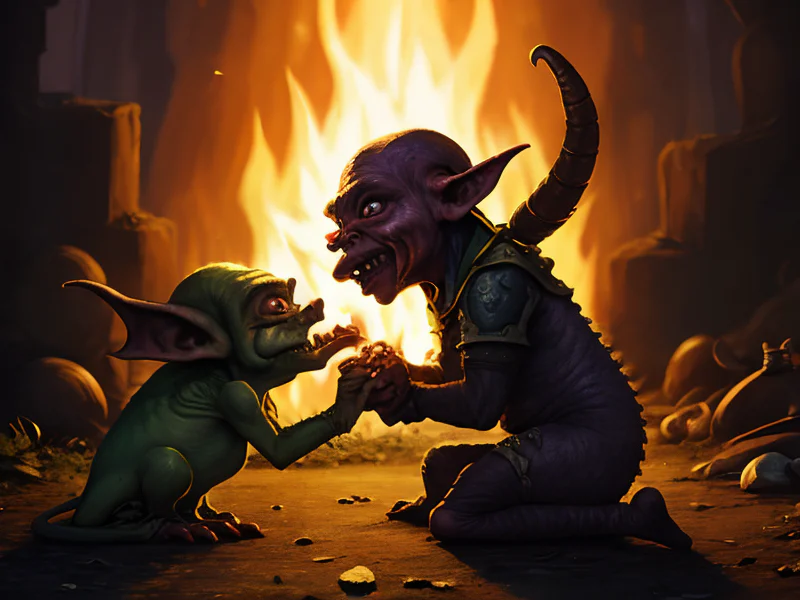 Unholy (Goblin:1.35), Duelist, Kneeling beside a dying ember, whispering an oath, low angle shot