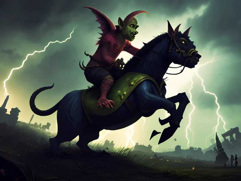 Battle-hardened (Goblin:1.35), Pirate, Riding winged steed through thunderstorm, dynamic angle, powerful creature