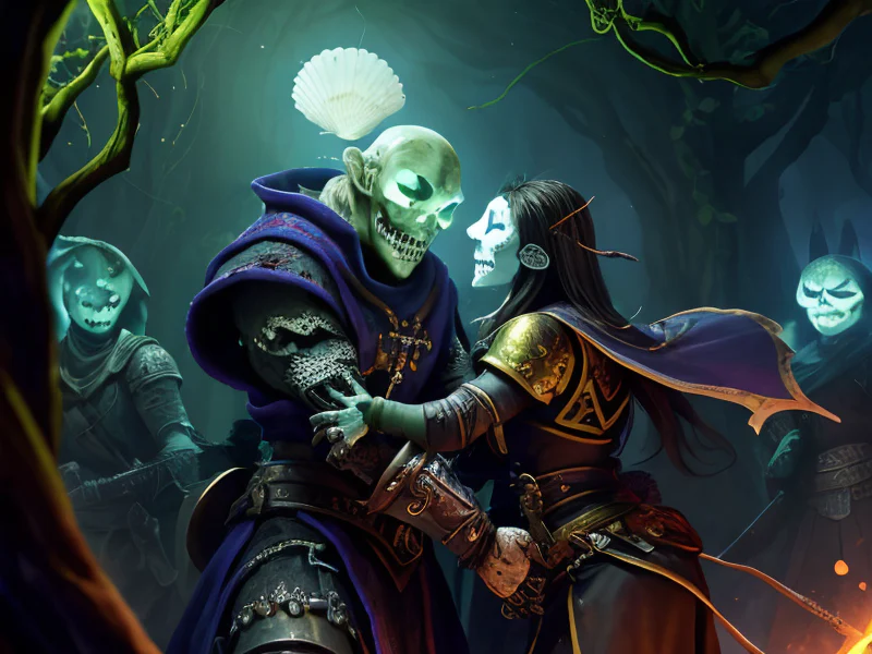 Duskwoven (Undead:1.35), Witch, Whispering into a seashell that glows in response, three-quarter view, powerful creature