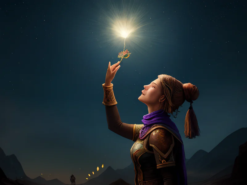 Shadowbound Human female, North African, Bard, Offering a luminous seed to the darkened sky, three-quarter view