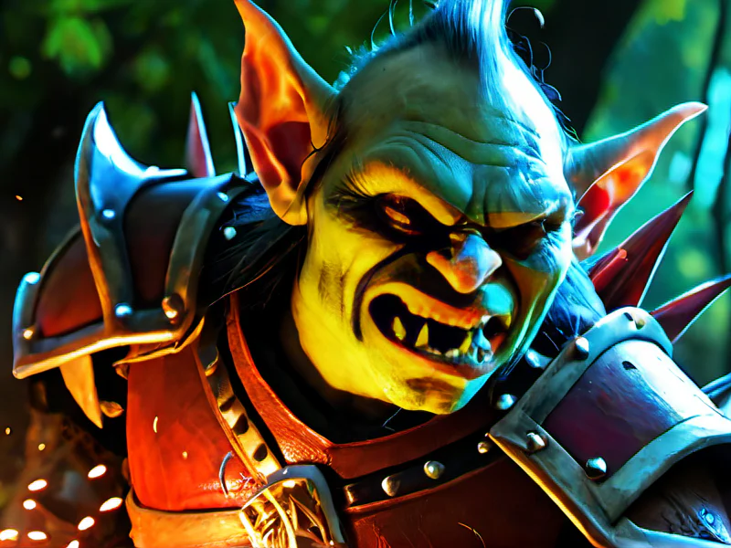 Rabid (Goblin:1.35), Hunter, Wears pauldrons shaped like snarling beasts, close-up portrait, powerful creature