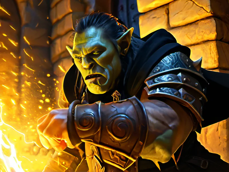 Honorable (Orc:1.35), Warlock, Wears a black tattered cloak, dynamic angle
