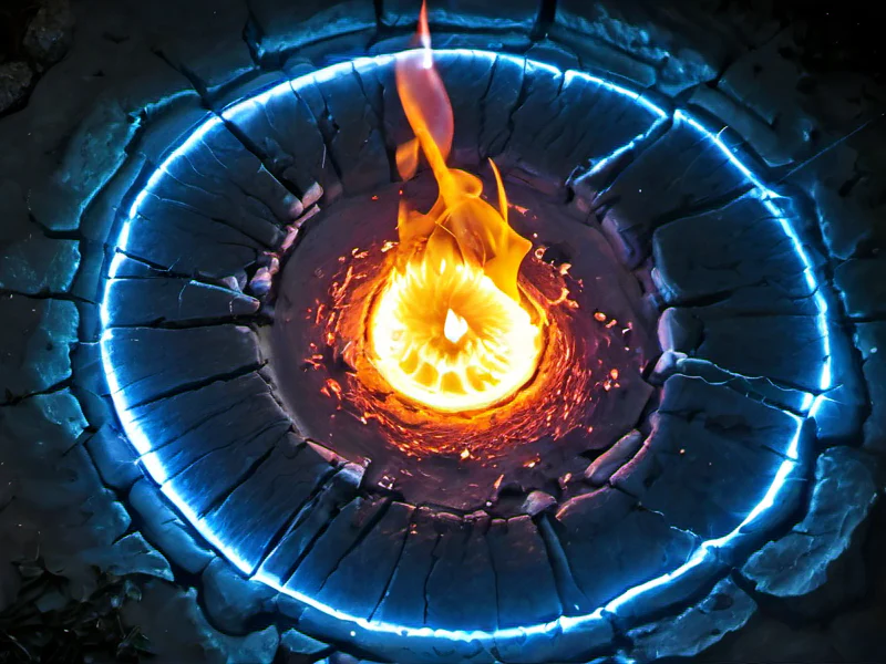 Gold-veined (Fire Elemental:1.35), living blaze body, molten cracks, ember core, smoke wisps, At the center of a ritual circle drawn in salt, three-quarter view