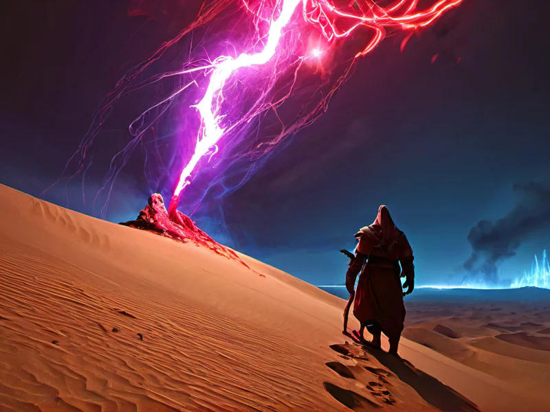 Deep-rooted (Demon:1.35), Occultist, Atop a dune, gazing at a distant sandstorm, three-quarter view, powerful creature