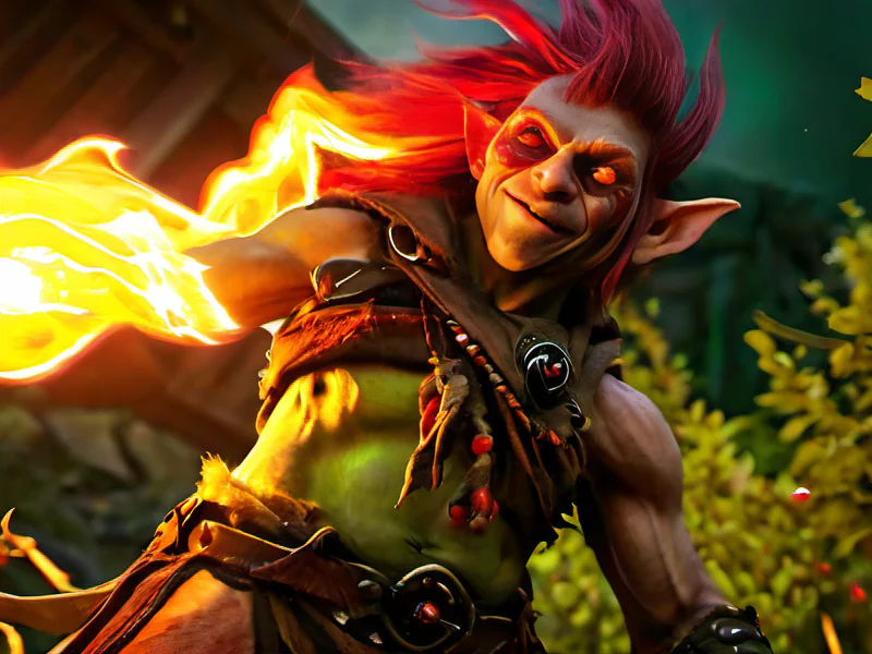 Sunblessed (Goblin:1.35), Ranger, Leaf-made hair swaying in breeze, low angle shot, powerful creature