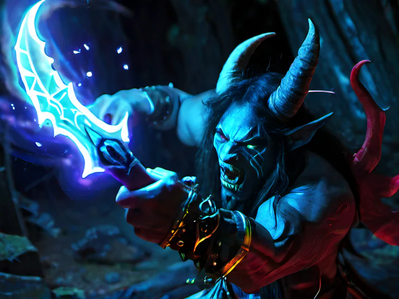 Ruthless (Demon:1.35), Illusionist, A ring of floating daggers ready to strike, three-quarter view, powerful creature