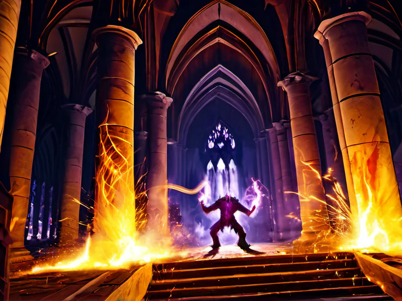 Voidborn (Demon:1.35), Harbinger, Within a cathedral whose pillars are ancient trees, full-body shot, powerful creature