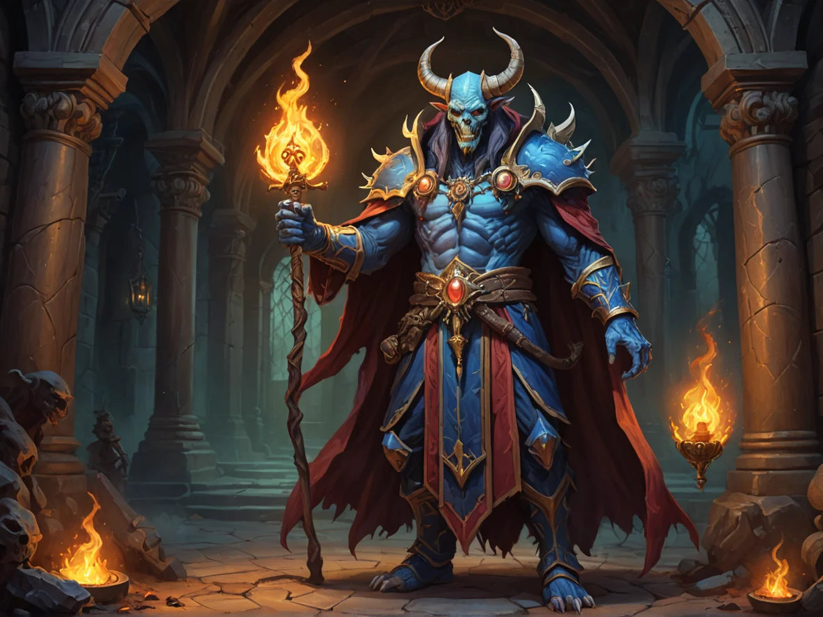 Ascendant (Demon:1.1), Occultist, Staff of bone that summons spirits, full-body shot, haunted manor, weak