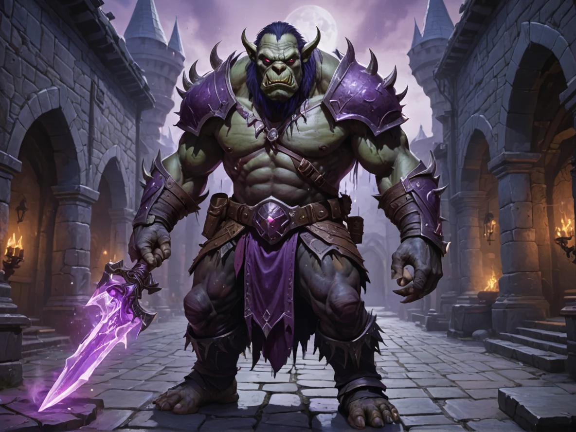 Icebound (Orc:1.1), Assassin, Surrounded by a violet dark magic aura, full-body shot, castle courtyard, weak