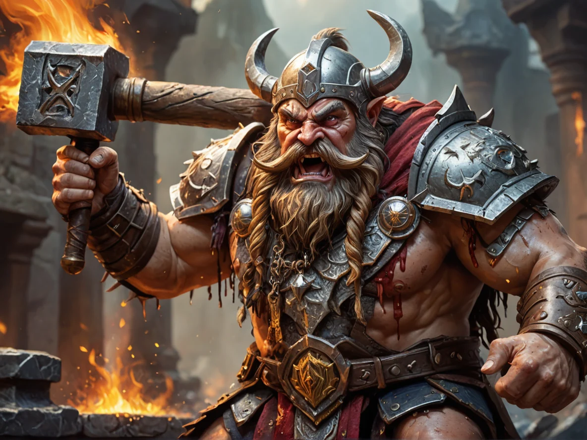 Vindictive (Dwarf:1.1), Gladiator, A hammer with molten metal dripping upward, medium close-up, weak