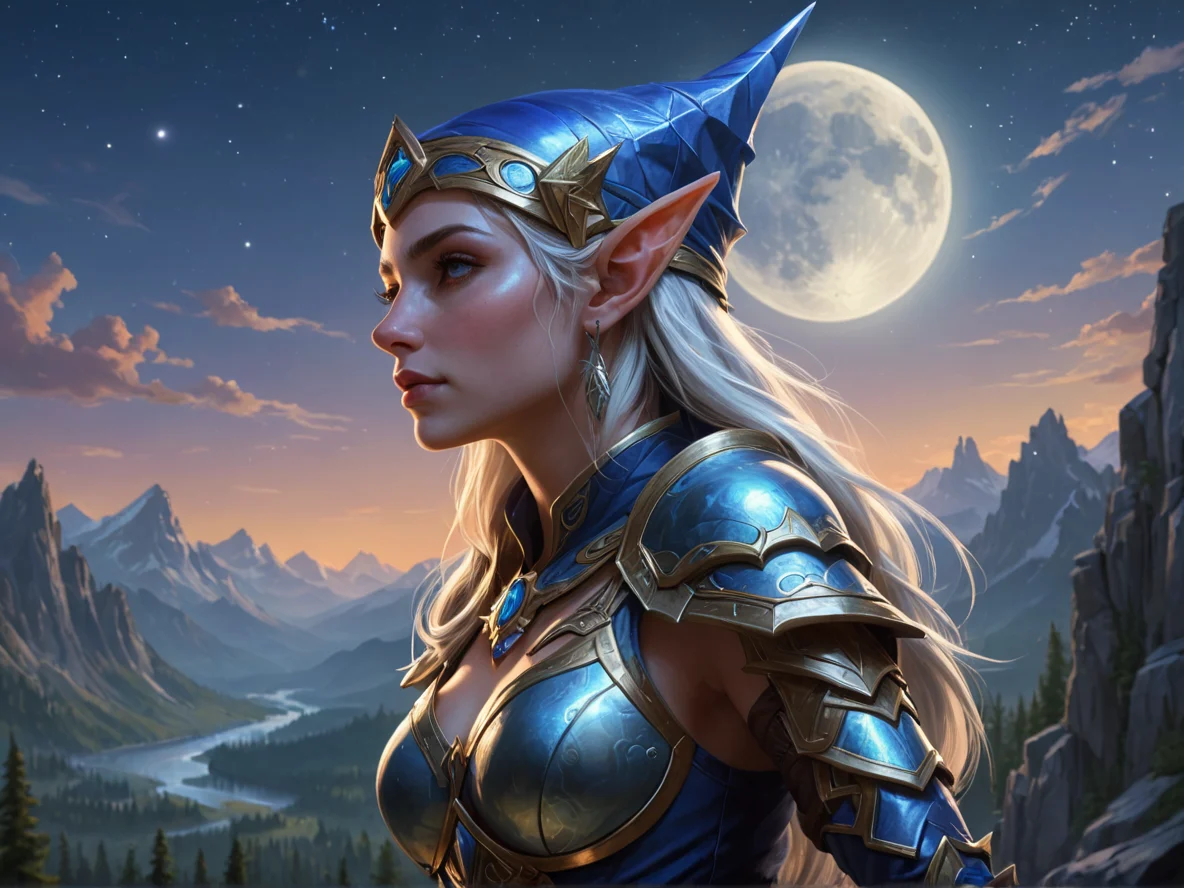Moonlit (Elf:1.1), Oracle, A polished visor reflecting a different sky, dynamic angle, rocky mountain, weak