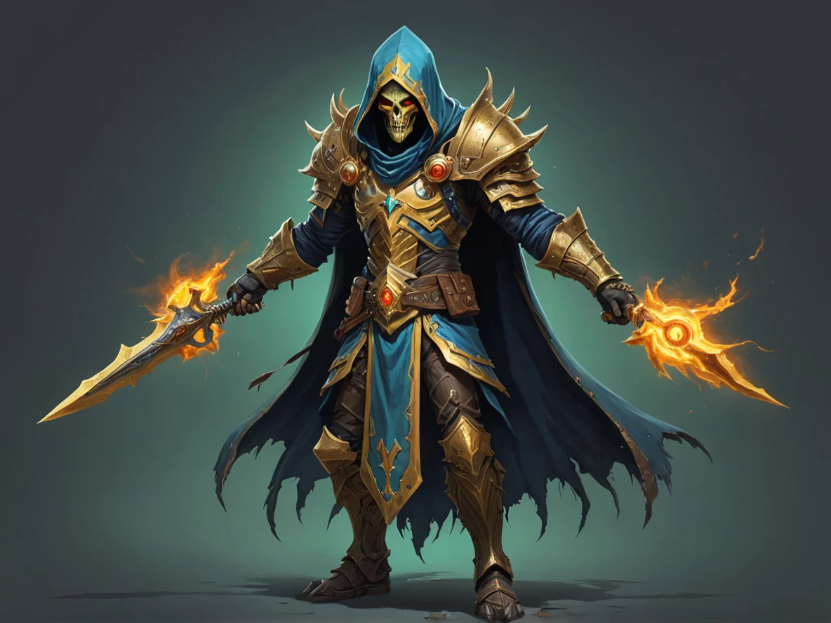 Brave (Undead:1.1), Blightbringer, A hood pinned with a miniature golden sun, full-body shot, weak