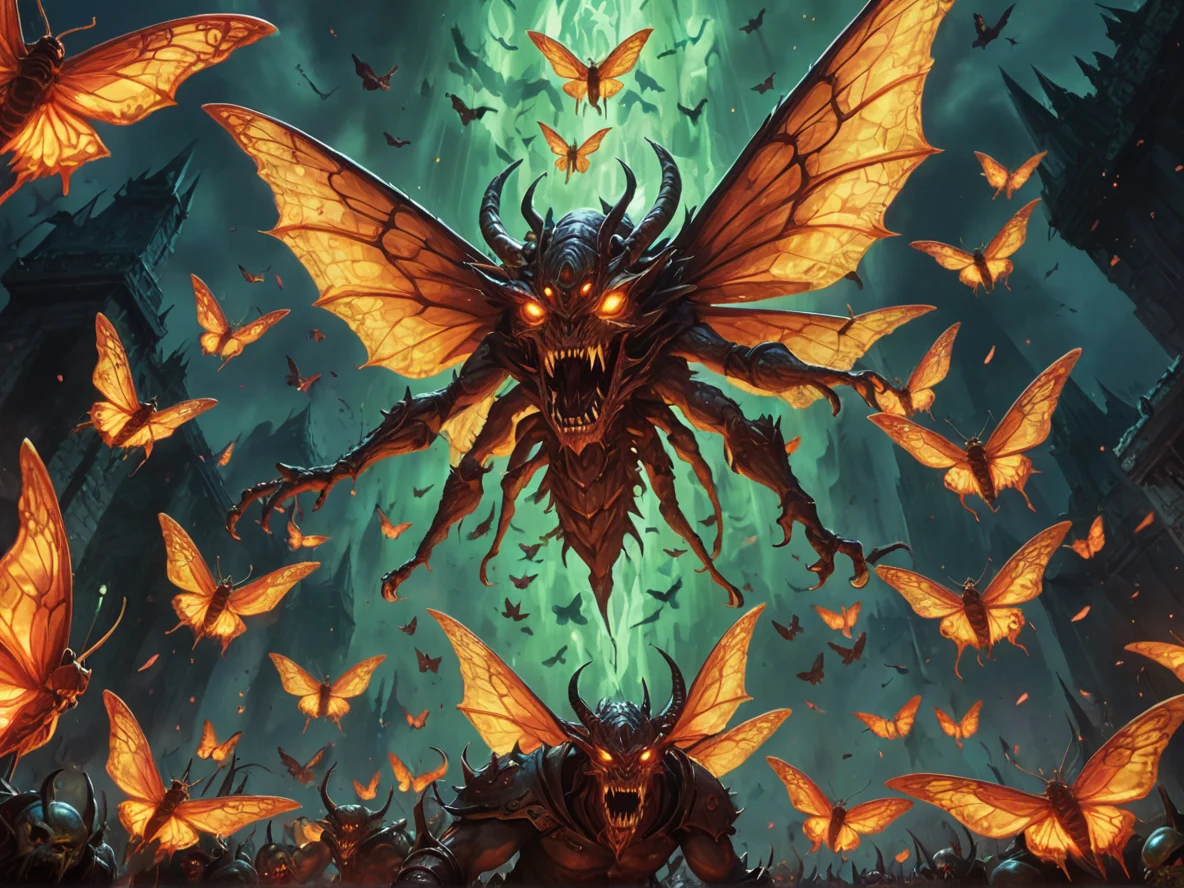 Ferocious (Demon:1.1), Doom Herald, A swarm of luminous moths circling them, low angle shot, weak