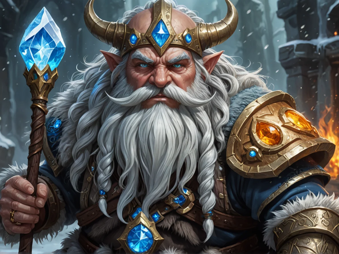 Frostborn (Dwarf:1.1), Inquisitor, A staff crowned by three rotating elemental crystals, medium close-up, weak