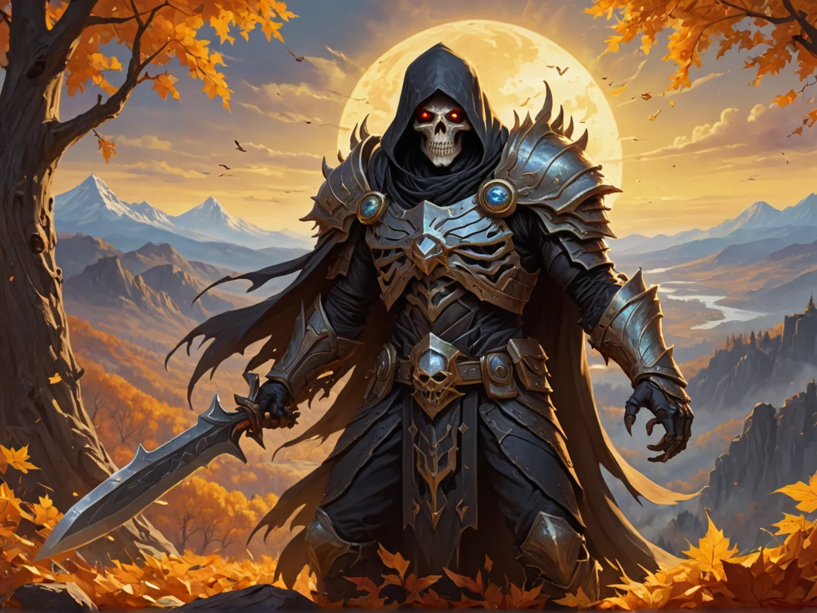 Agile (Undead:1.1), Reaper, On a mountaintop surrounded by golden autumn leaves, close-up portrait, cosmic portal, weak