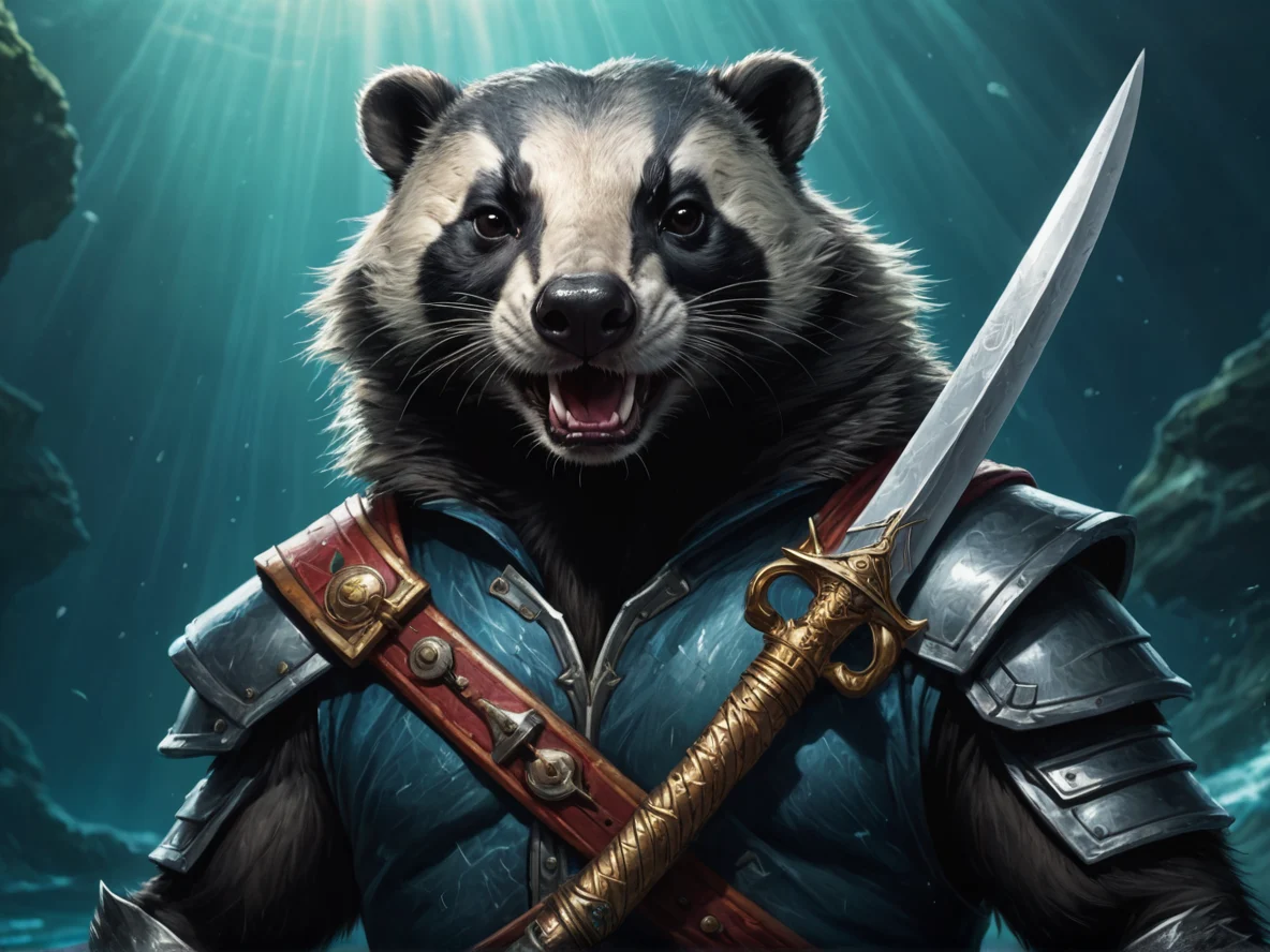 Intimidating (Badger:1.1), A ceremonial dagger tucked behind the sash, close-up portrait, deep ocean, weak