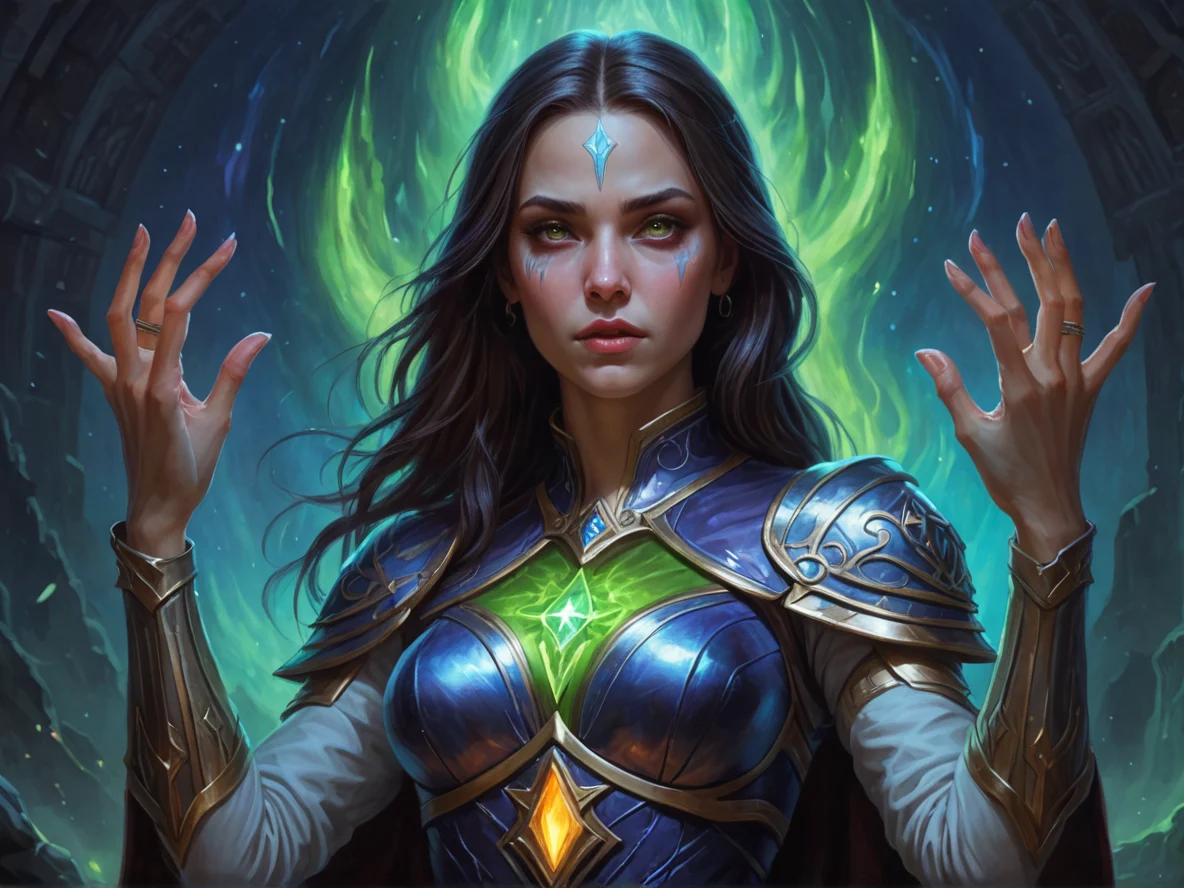 Sinister Human female, Caucasian, Templar, A miniature aurora shimmering between raised hands, three-quarter view, weak