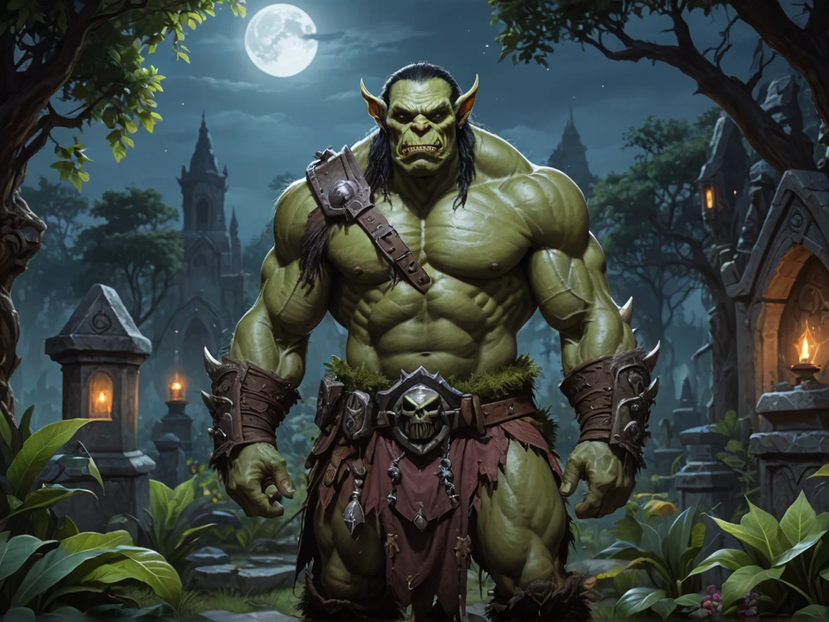 Blessed (Orc:1.1), Barbarian, Inside a garden where plants whisper ancient secrets, waist-up shot, moonlit graveyard, weak