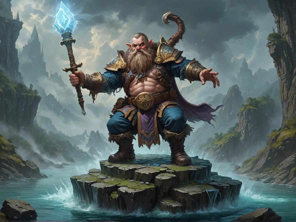 Ancient (Dwarf:1.1), Artificer, Duelling atop submerged tower, full-body shot, misty river, weak