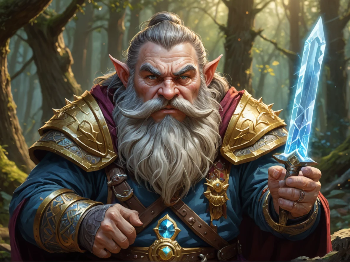 Gold-veined (Dwarf:1.1), Battlemage, Breaking a crystal seal with the pommel of a sword, close-up portrait, thorny woodland, weak