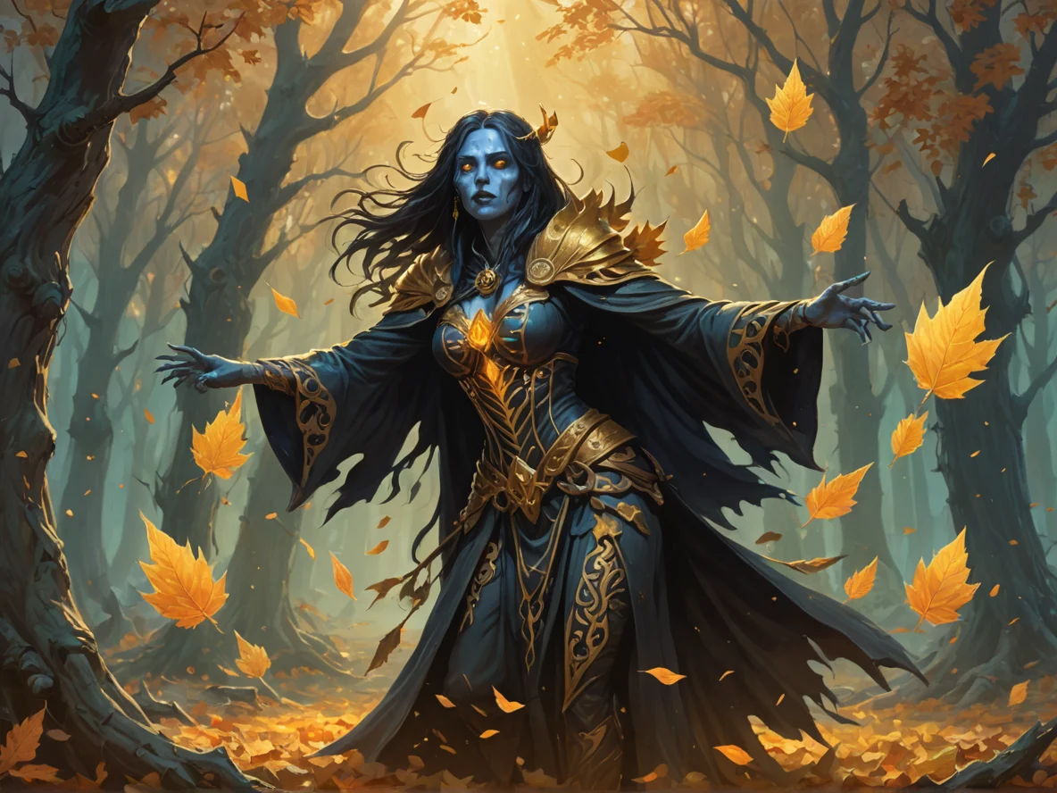 Icebound (Undead:1.1), Witch, Floating leaves arranging themselves into protective symbols, three-quarter view, golden mist, weak