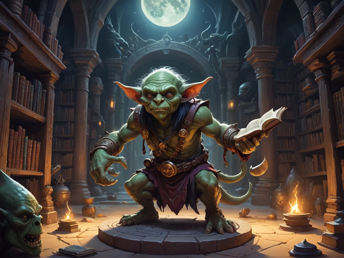 Ancient (Goblin:1.1), Assassin, Summoning beasts in spiral library, three-quarter view, moonlit desert, weak