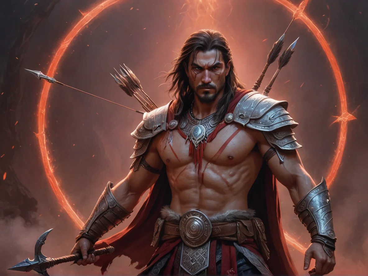 Moonlit Human male, Central Asian, Assassin, A bow surrounded by a halo of spectral arrows, waist-up shot, red fog, weak