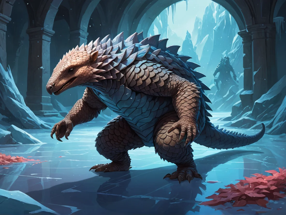 Vindictive (Pangolin:1.1), Battling shadows in mirrored hall, full-body shot, frozen lake, weak