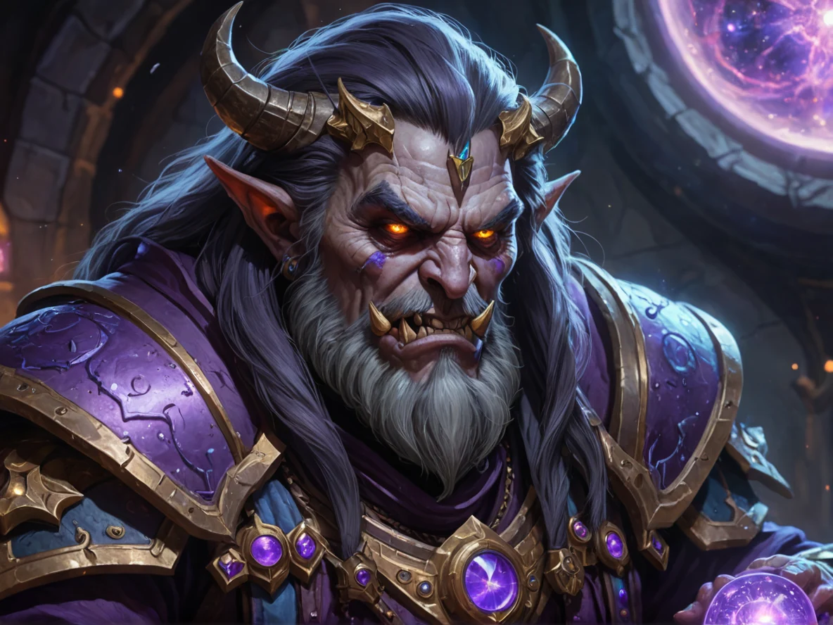 Starforged (Demon:1.1), Shadow Priest, Aligning arcane lenses in cosmic observatory, close-up portrait, dwarven forge, weak