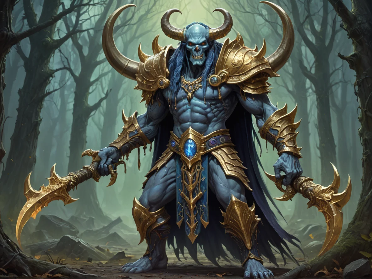 Hallowed (Undead:1.1), Sorcerer, A pair of curved tusks plated with gold, full-body shot, weak