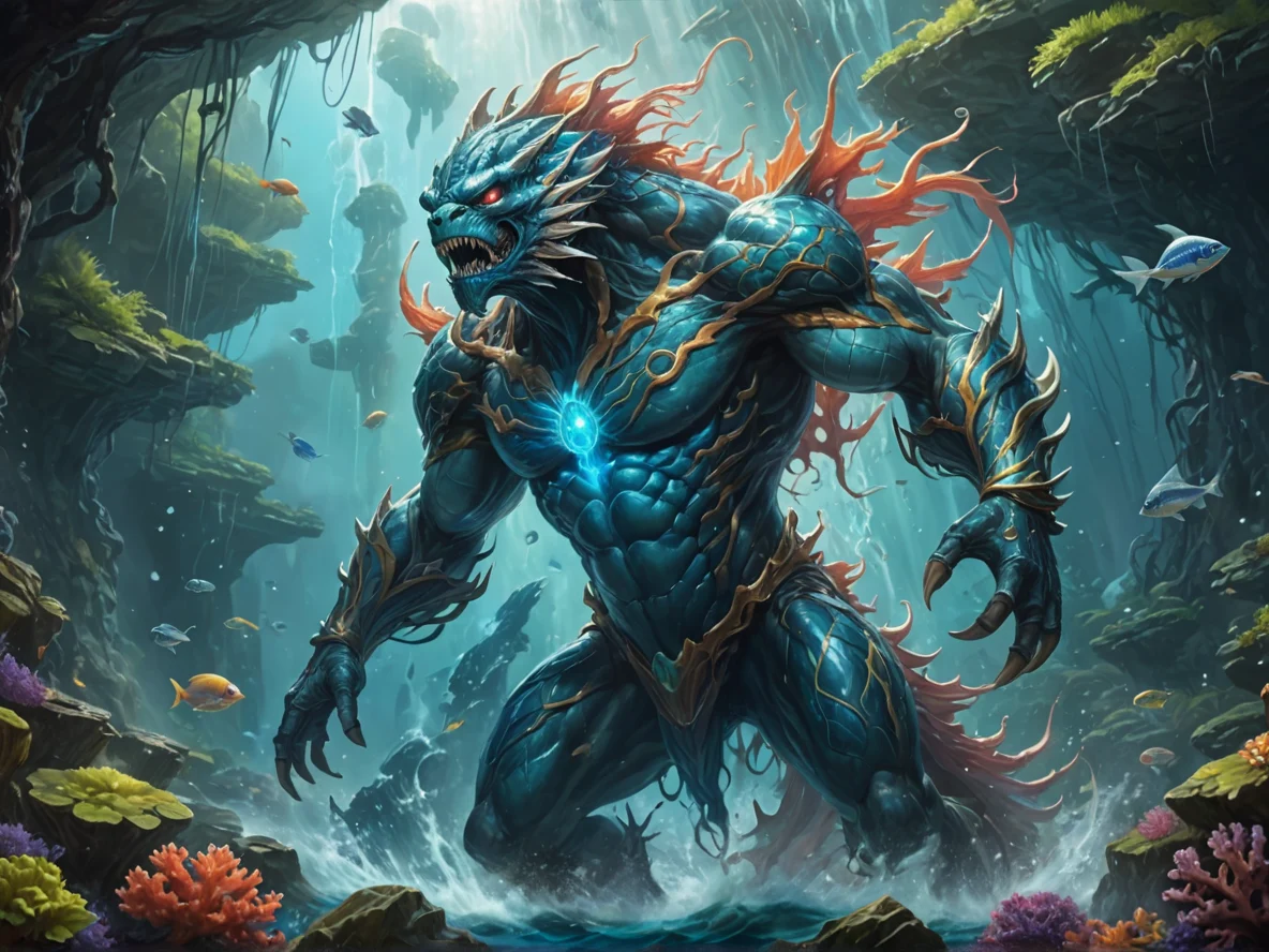 Intimidating (Air Elemental:1.1), transparent wind body, cyclone torso, storm wings, trailing vapor, Swimming through coral reef with magic fish, close-up portrait, waterfall valley, weak