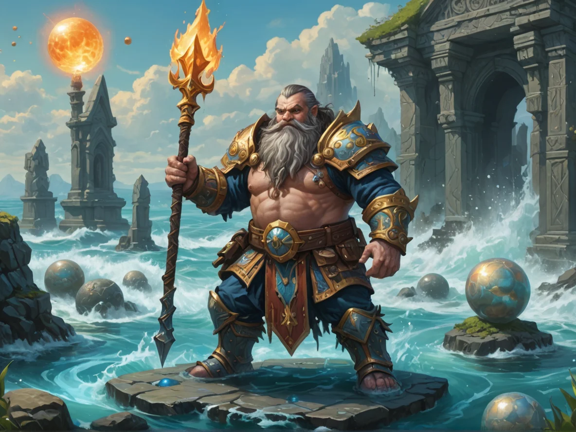 Flameforged (Dwarf:1.1), Paladin, A trident surrounded by floating spheres of seawater, full-body shot, ancient cemetery, weak