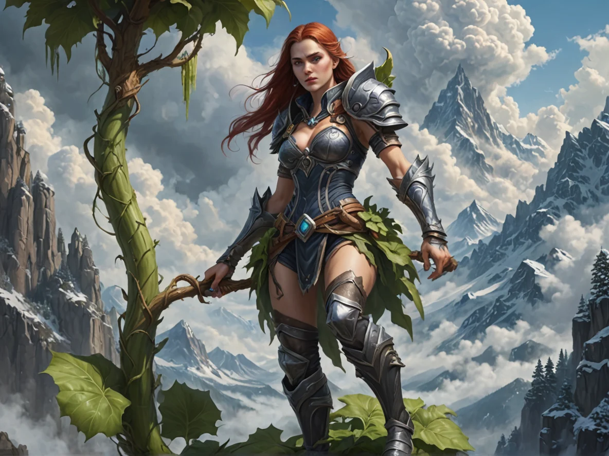 Sinister Human female, Caucasian, Inquisitor, Climbing giant beanstalk into clouds, full-body shot, winter mountain, weak