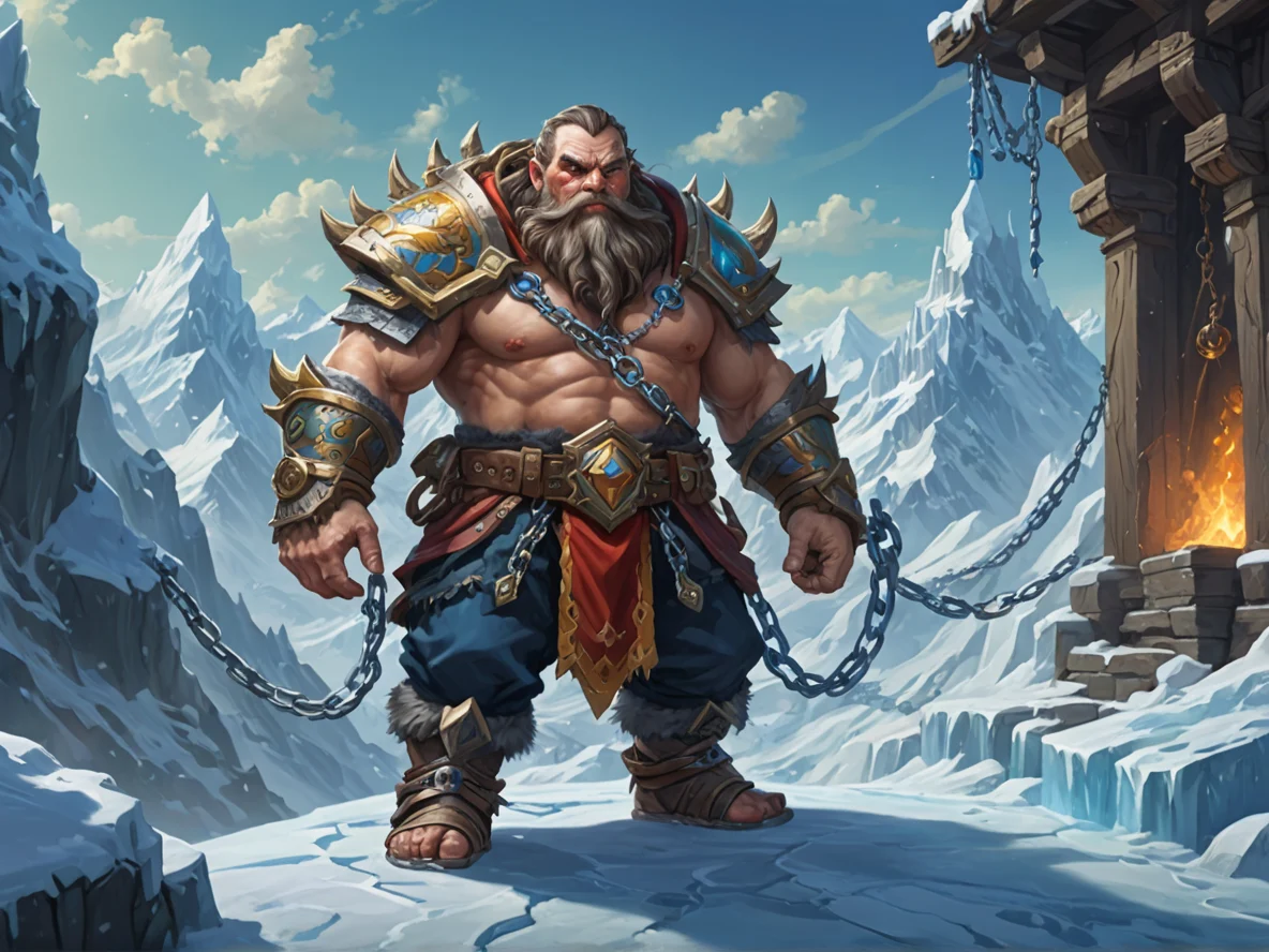 Unpredictable (Dwarf:1.1), Alchemist, Floating chains wrapped around the ankles, full-body shot, icy valley, weak
