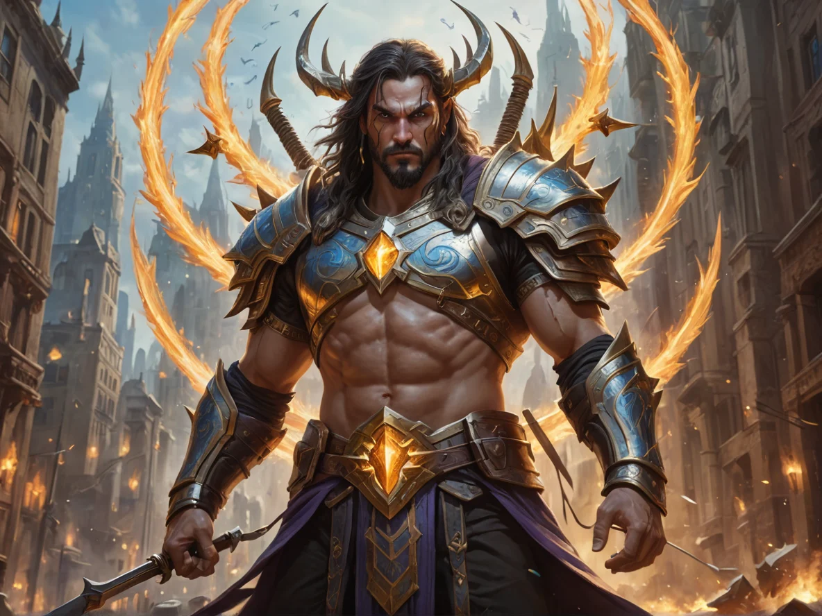 Infernal Human male, Middle Eastern, Paladin, A bow surrounded by a halo of spectral arrows, waist-up shot, floating city, weak