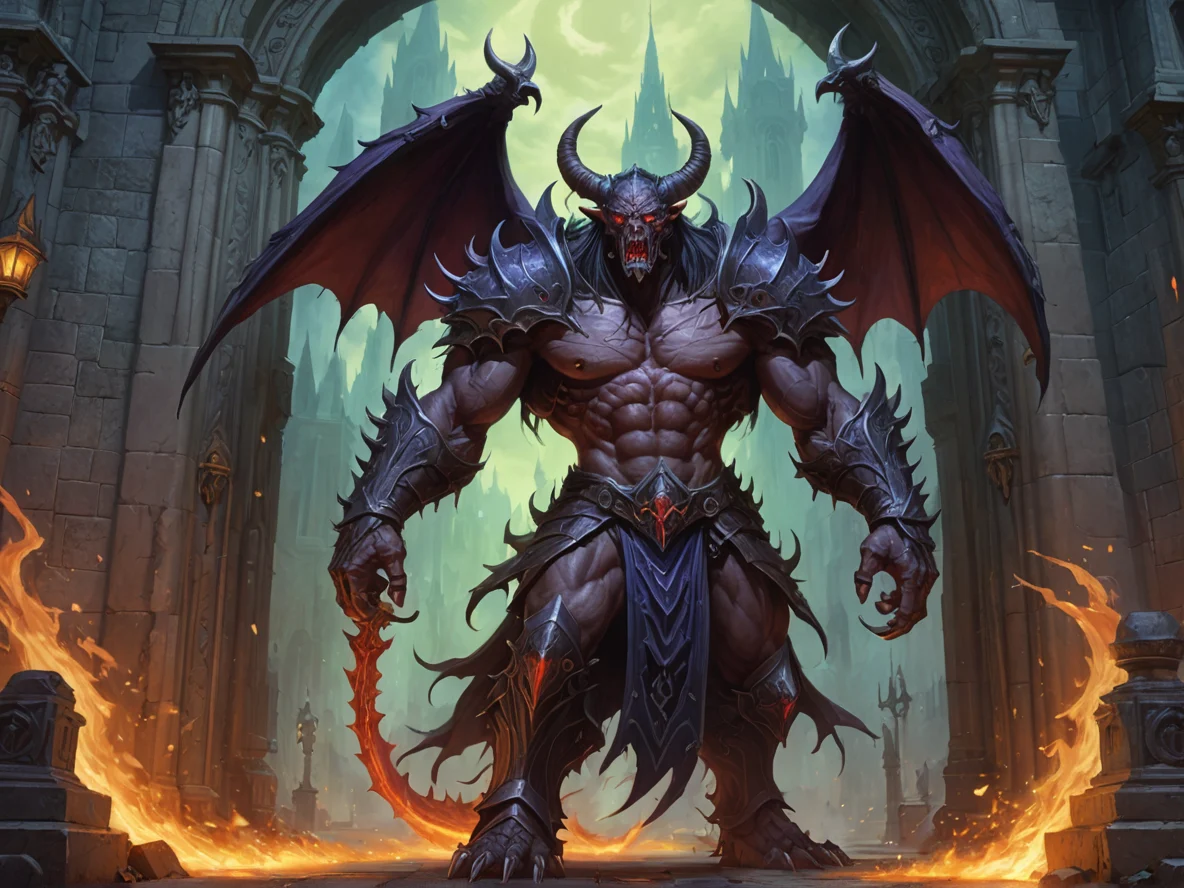 Ambitious (Demon:1.1), Blightbringer, Guarding haunted cathedral gates, dynamic angle, weak
