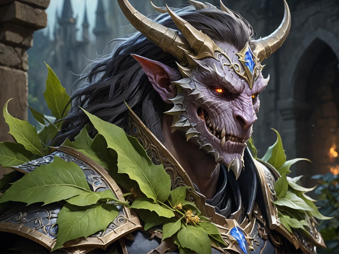 Honorable (Demon:1.1), Dragon Knight, Hair woven with leaves and moonflowers, medium close-up, castle dungeon, weak