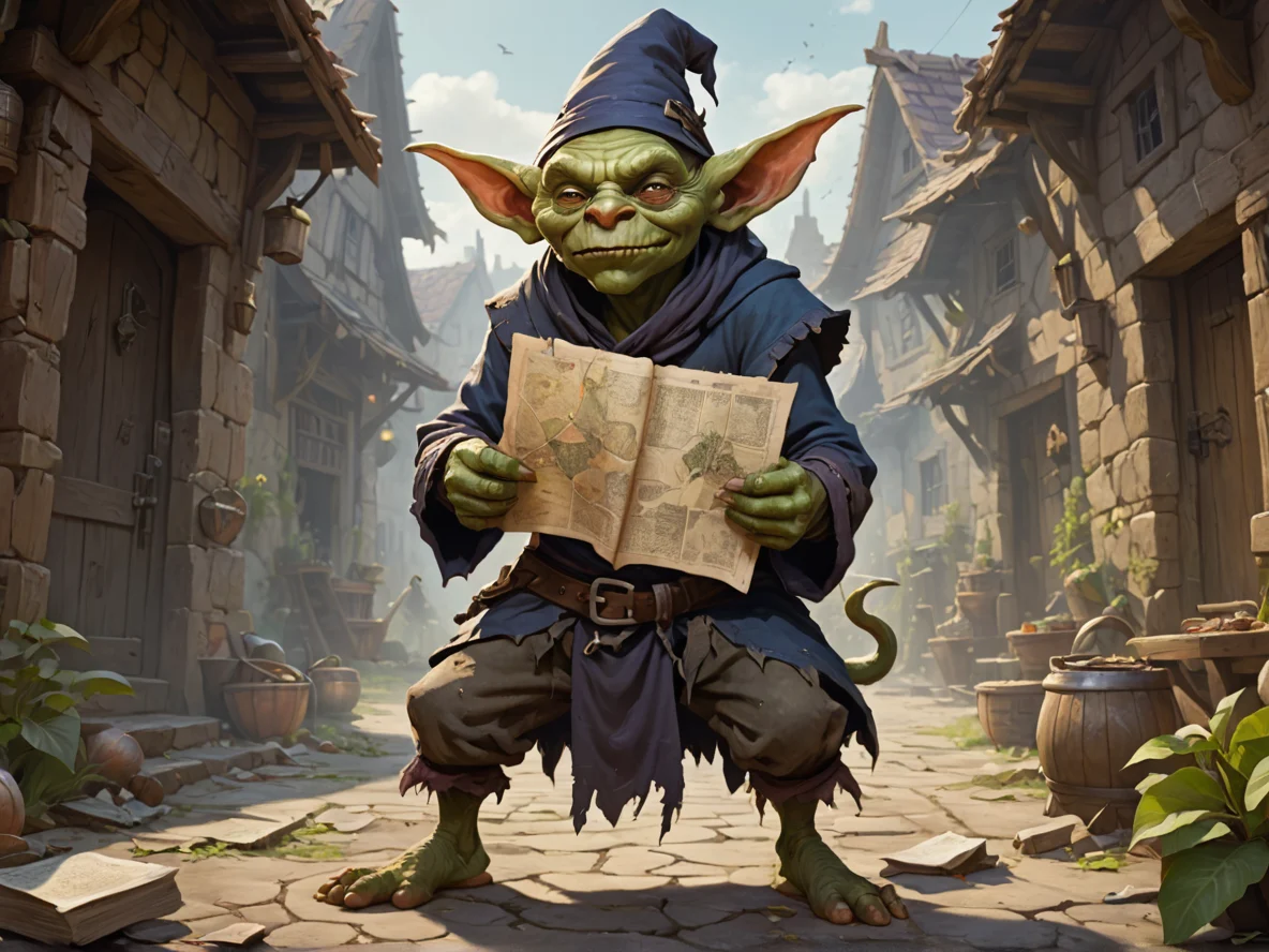 Ruthless (Goblin:1.1), Witch, In a deserted village, clutching a tattered map, full-body shot, fantasy market, weak