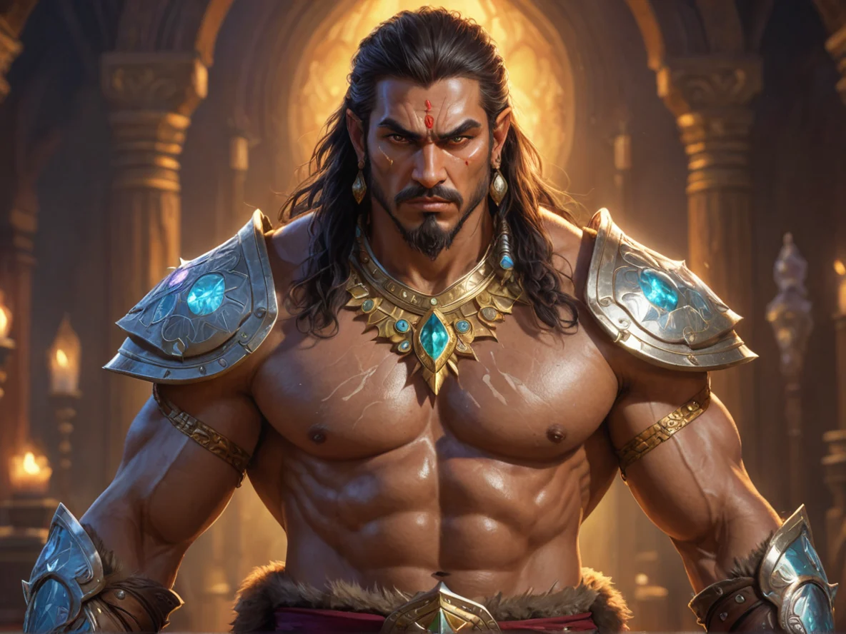Crystal-eyed Human male, South Asian, Warrior, A mirror-like aura reflecting alternate surroundings, waist-up shot, weak