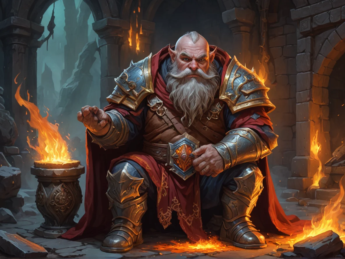 Unyielding (Dwarf:1.1), Paladin, Kneeling beside a dying ember, whispering an oath, full-body shot, alchemist laboratory, weak