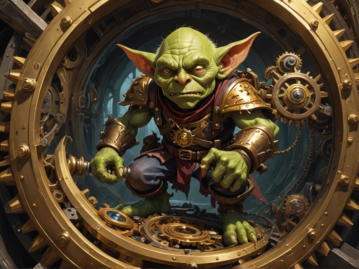Heroic (Goblin:1.1), Gunslinger, Inside a chamber of golden gears and clockwork, low angle shot, weak
